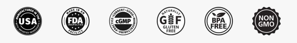 USA Made, FDA, cGMP, Gluten Free, BPA Free, NON-GMO